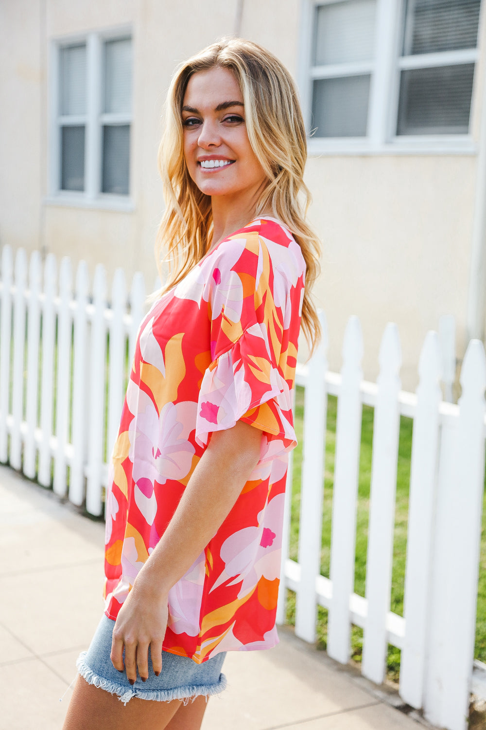 Tropical Vibes Peach Floral Dolman Ruffle Frill Sleeve Blouse