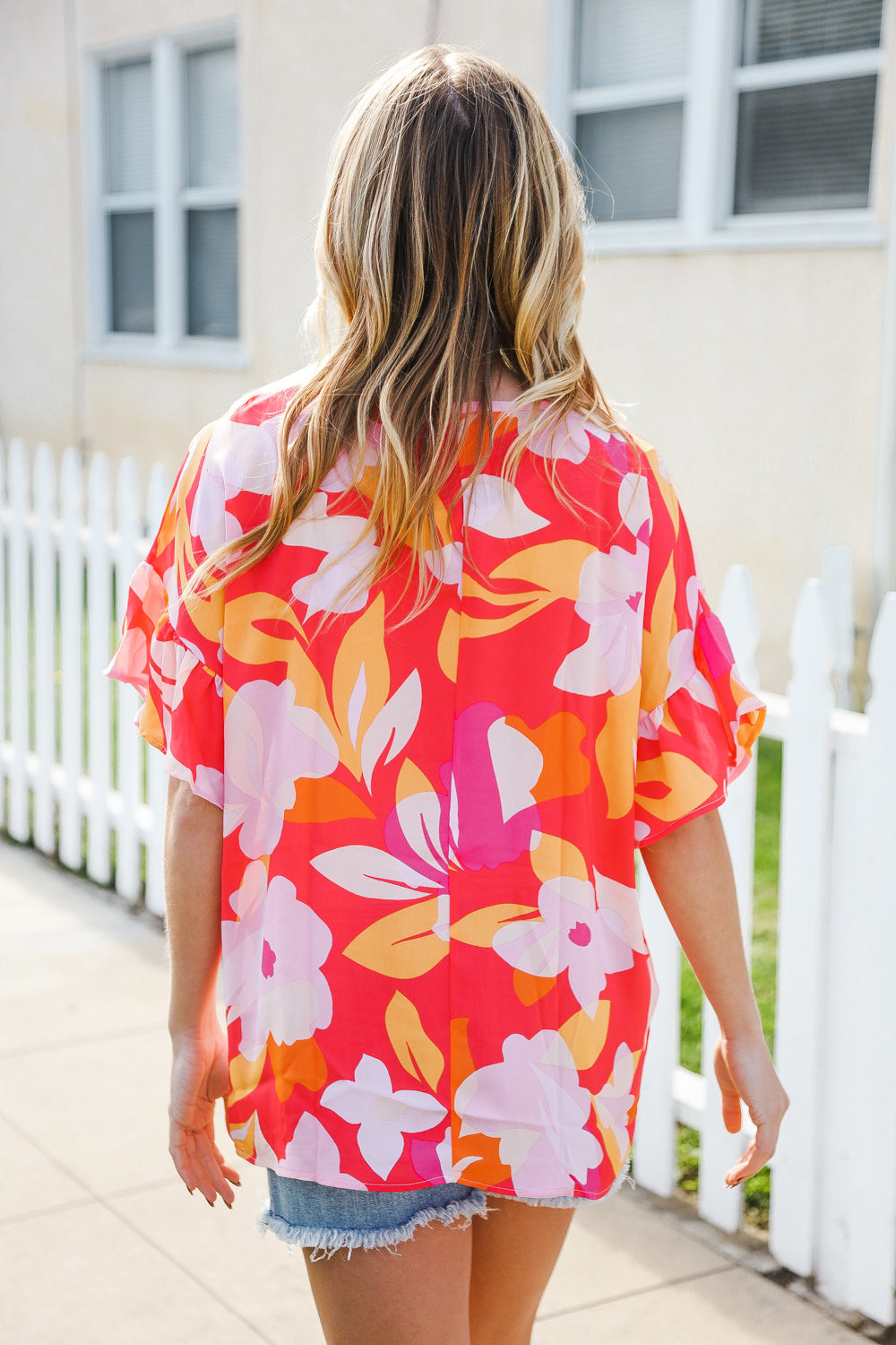 Tropical Vibes Peach Floral Dolman Ruffle Frill Sleeve Blouse