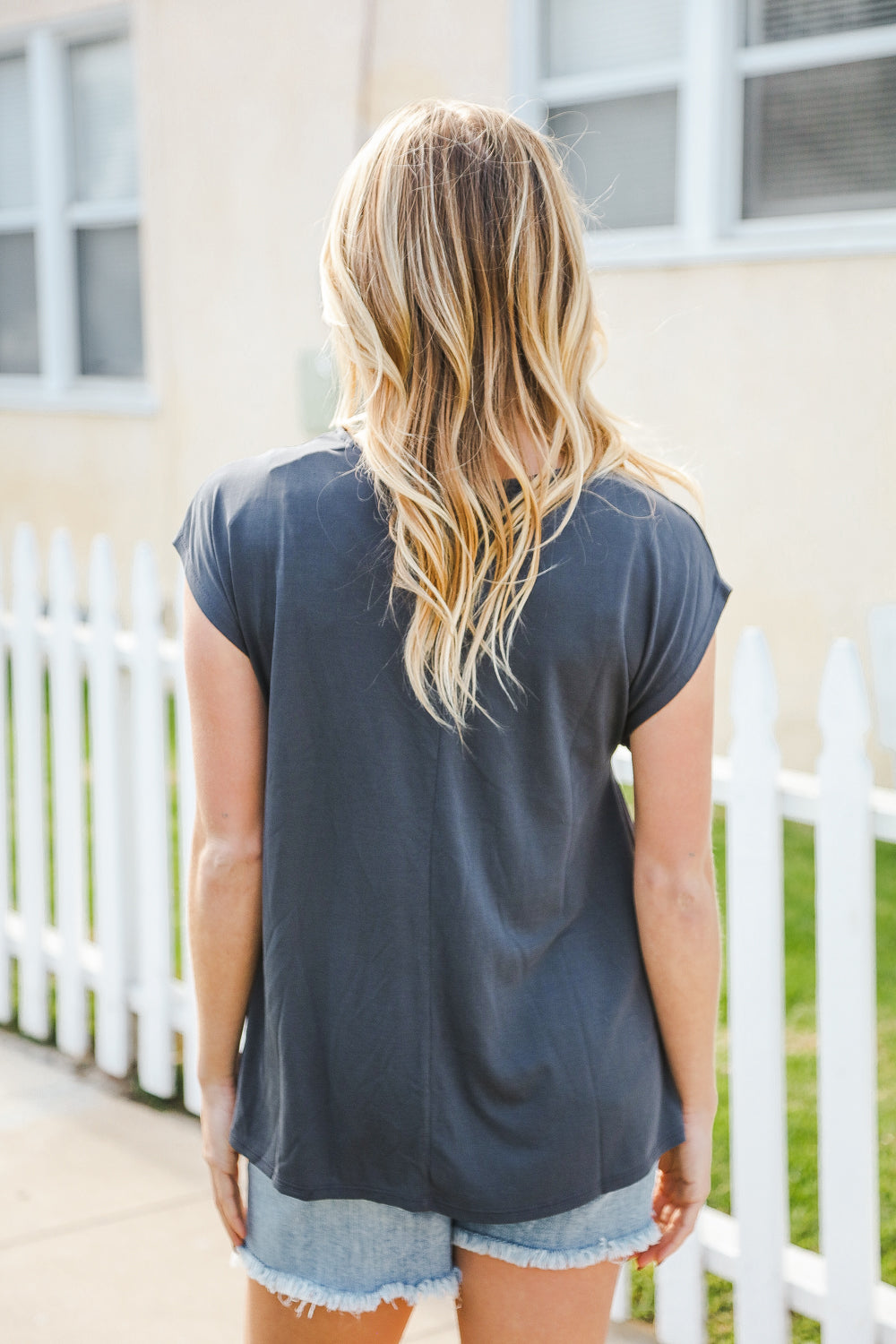 Charming In Charcoal Asymmetrical Shirred Modal Top